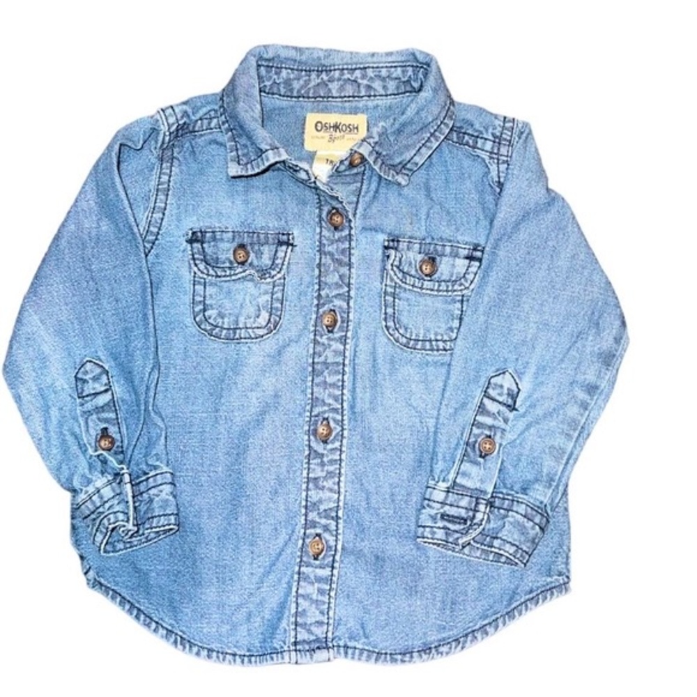 EUC Oshkosh B’Gosh Button Up Denim Top. Button Chest Pockets & Sleeves Sz 18 Mos